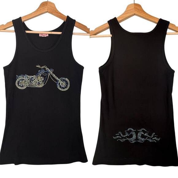 VTG Black Ribbed Tank RHINESTONE Motorcycle TrampStamp SIZE LARGE Raquel Biker - Picture 1 of 9
